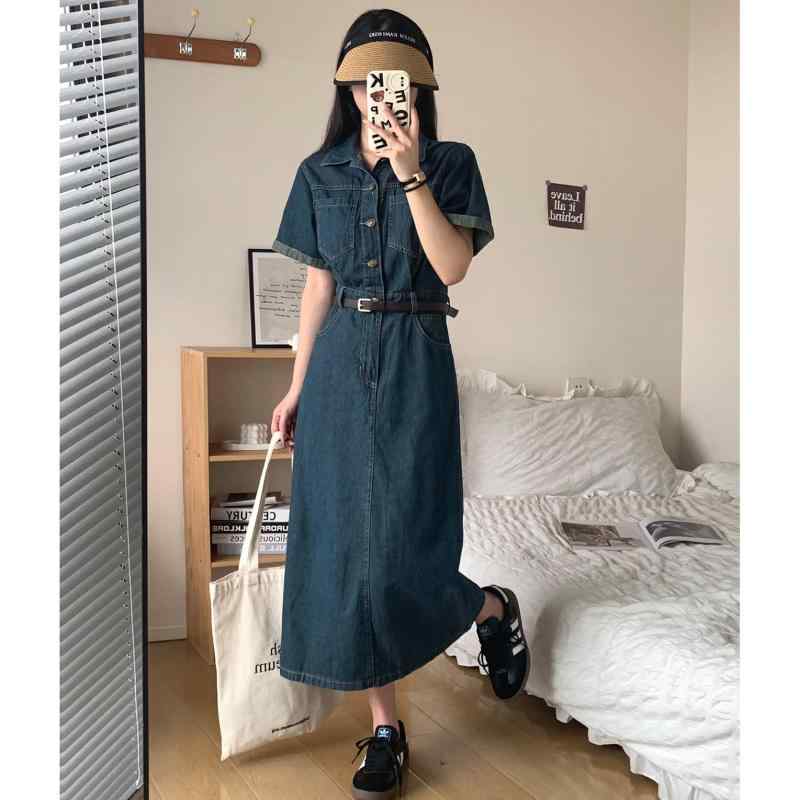 夏 レディース 短袖 ジーンズ 衣装 酉の方角シェイプ 飛び切り感 レトロ 今めかしい 小っちゃい向け ロング御召しもの 心地好い 研ぎあげる 普段使い走り ビッグ影ぼうし