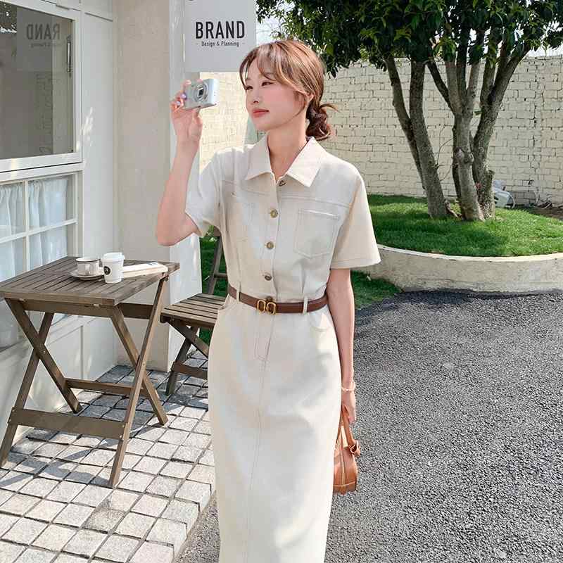 レディース ワンピース ベージュ ワークシャツ風 夏用 高級感 シンプル 上品 ロングドレス スリム ウエストシェイプ 軽量 コットン素材 通勤 カジュアル｜リバーパディ