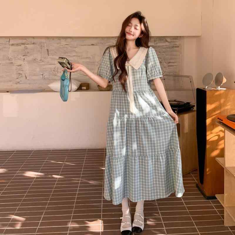 ワンピース レディース 夏用 チェック柄 ラペル襟 パフスリーブ 学院風 森系 ナチュラル カジュアル 軽量 通気性 フレッシュ かわいい デザイン