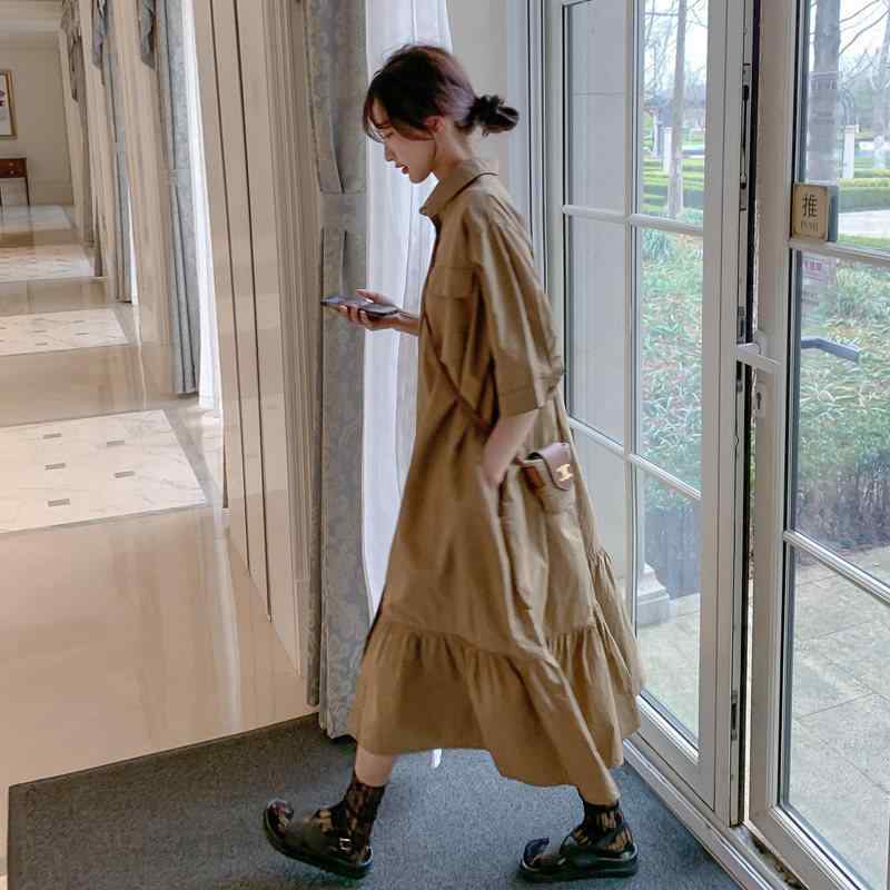 衣裳 レディース カーキ ゆったり ロング 気が大きい表現スタイル 肉つつみ隠し 痩せ見せかけ 心地よい 普段使い走り 春夏 韓国