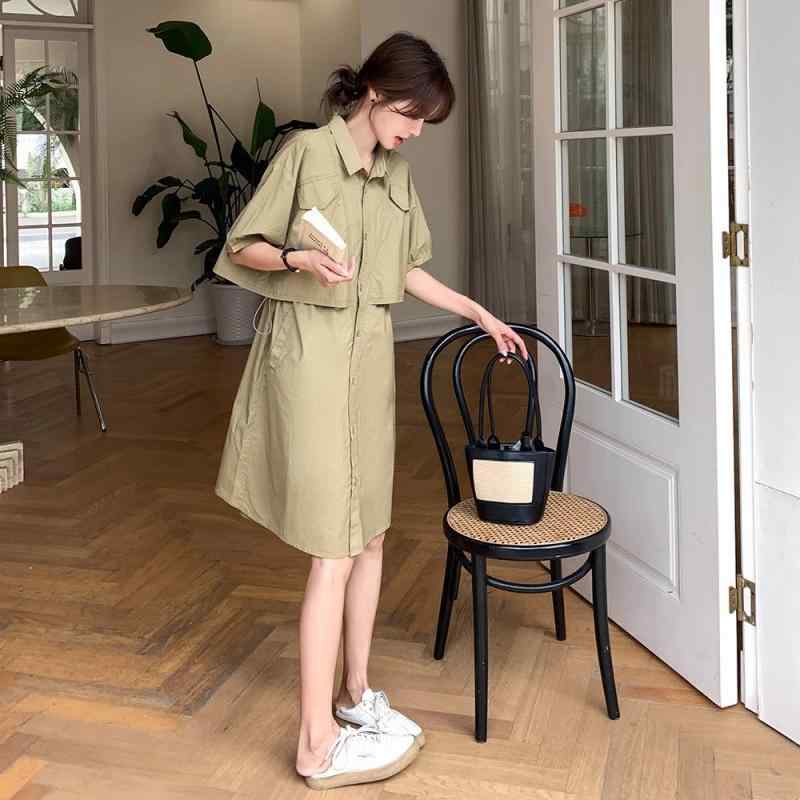 衣裳 レディース 夏 ゆったり 中長丈 プルオーバー衣裳 トレンチコート風 フェイクツーピース 細工物表現スタイル 相応う ビッグ大きさ 軽さ 通気性 冷やりとした 普段使い走り トップススカート うつり変わり