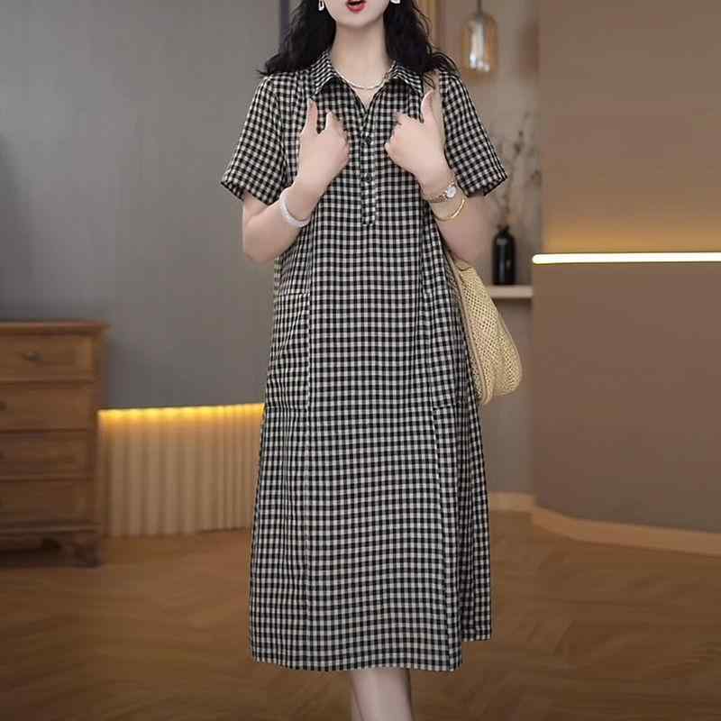 ワンピース レディース 夏 ゆったり 腹カバー チェック シャツワンピース 大きめサイズ スリム効果 カジュアル ファッション 軽量 伸縮性 通勤用 普段使い ビッグシルエット Vネック