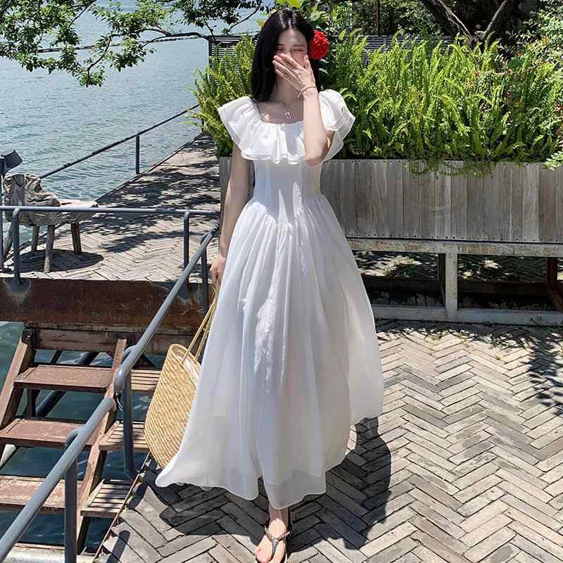 レディース 衣裳 夏 白 ロング丈 真四角のど首 オフショルダー パフ衣袂 A伝達ルート フラウンス 酉の方角うつり変わり 軽さ 通い 普段使い走り 伸縮性 吸湿速乾