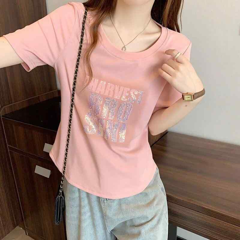 レディース 夏用 半袖Tシャツ 大きめサイズ ぽっちゃり対応 お腹カバー スリム効果 アルファベットプリント きらきら光沢 正肩 カジュアルトップス 普段使い 軽量 伸縮性 4,650円