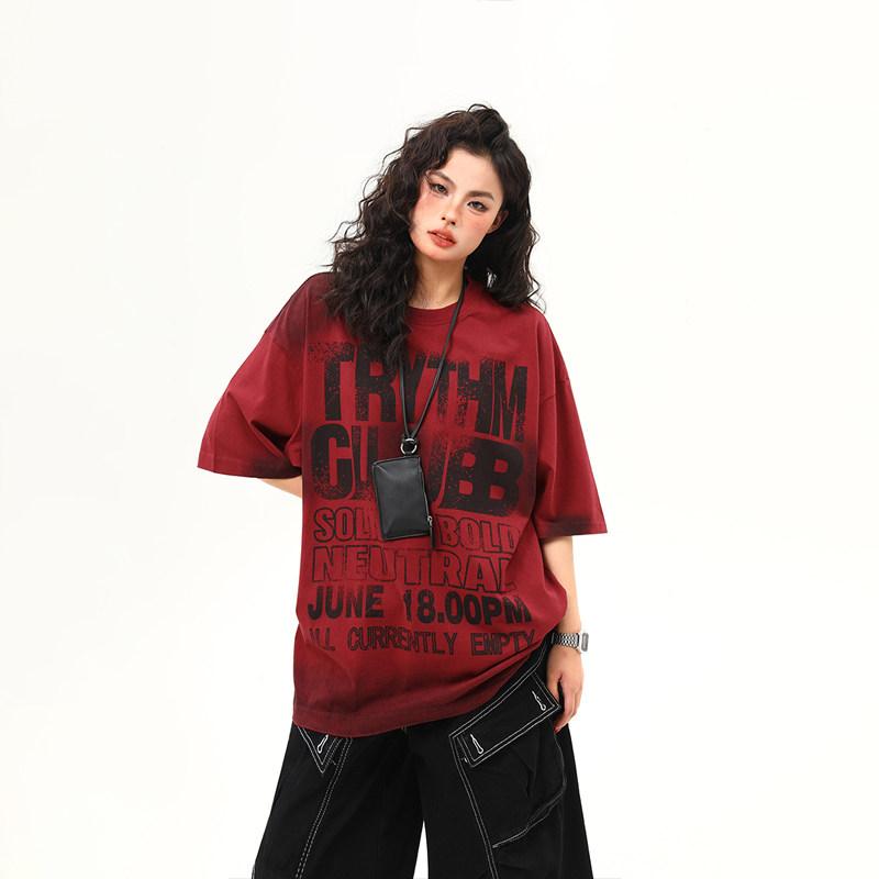 Tシャツ 男女 夏用 赤 短袖 アルファベット プリント アメリカン ストリート ウォッシュド 厚手 カップル カジュアル コットン 吸湿速乾 軽量