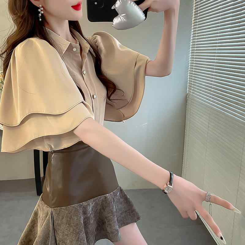 シャツ レディース シフォン ブラウス 夏用 単色 フリル 襟付き ショートスリーブ ゆったり 大きめサイズ 上品 軽量 涼しい 通勤 カジュアル