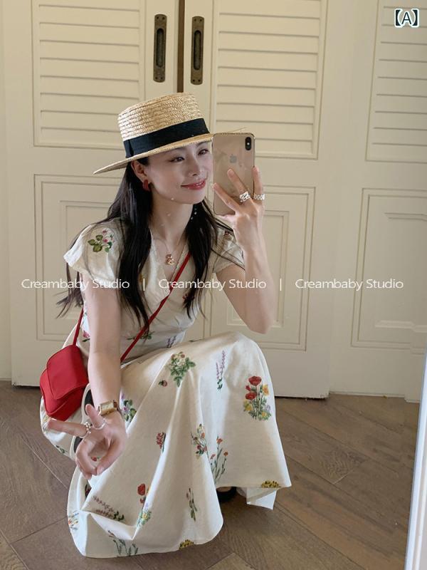 レディース 夏 衣装 杏色 V素っ首 短袖 ロング御召しもの フレンチ 窈窕たる  軽さ 通気性 綿織物 混 膝下丈 心地好い 普段使い