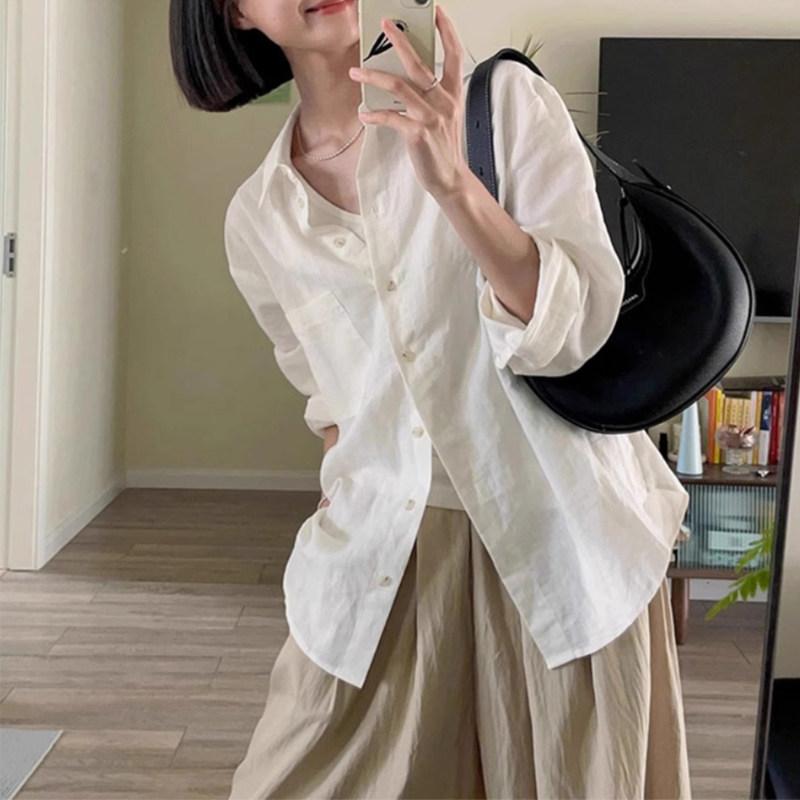 シャツ レディース 長袖 白 綿麻 UVカット 夏用 ゆったり 薄手 リネン 高級感 小柄対応 フランススタイル 軽量 吸湿速乾 通勤 普段使い