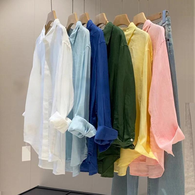 シャツ レディース ホワイト リネン コットン混 夏用 フレンチスタイル カジュアル 高級感 薄手 長袖 UVカット トップス ブラウス 軽量 吸湿速乾 通勤 普段使い