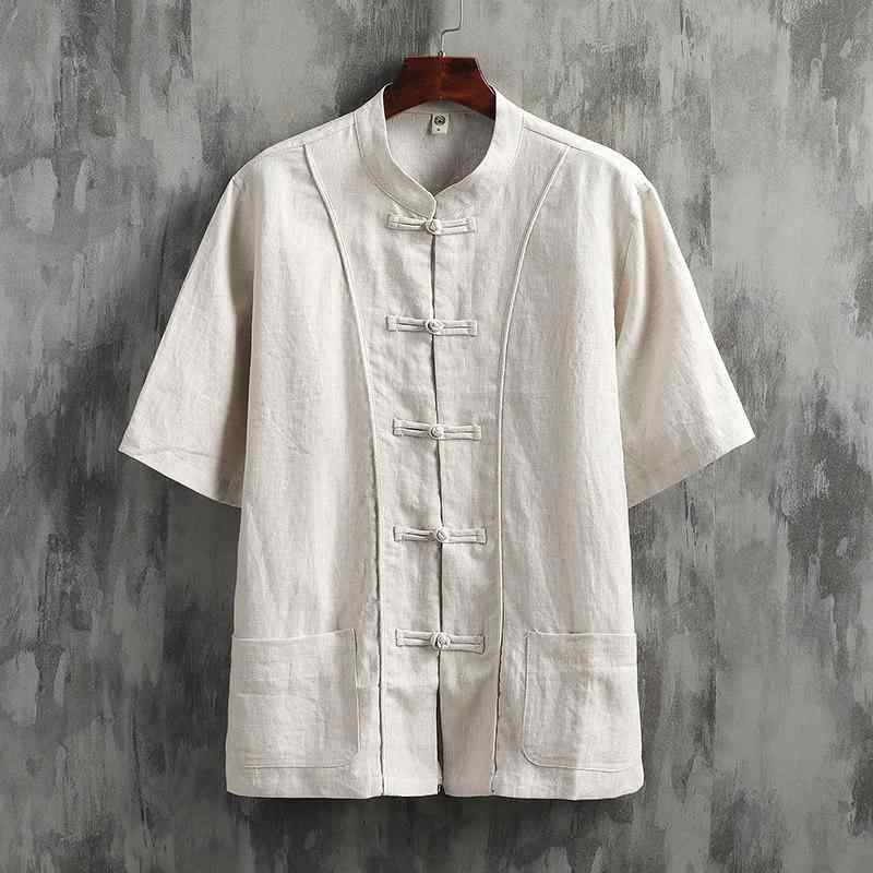 立領プルオーバー 成人男性用 短袖 麻100% 中国風 夏用 通気性 軽さ 涼感 返り咲き 心地よい トップス