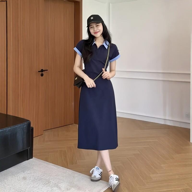 レディース ワンピース 韓国 ツートンカラー ポロカラ 薄手 軽量 大きめ サイズ ぽっちゃり対応 ハイウエスト スタイルアップ 細見え ウエストシェイプ ロングドレス カジュアル 普段使い 伸縮性 快適素材