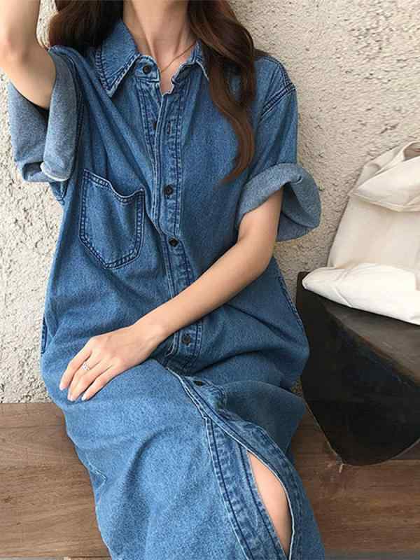 ワンピース レディース 短袖 デニム シャツワンピース ゆったり ビッグシルエット ミドルロング丈 細見え 春夏 カジュアル 普段使い 軽量 コットン混