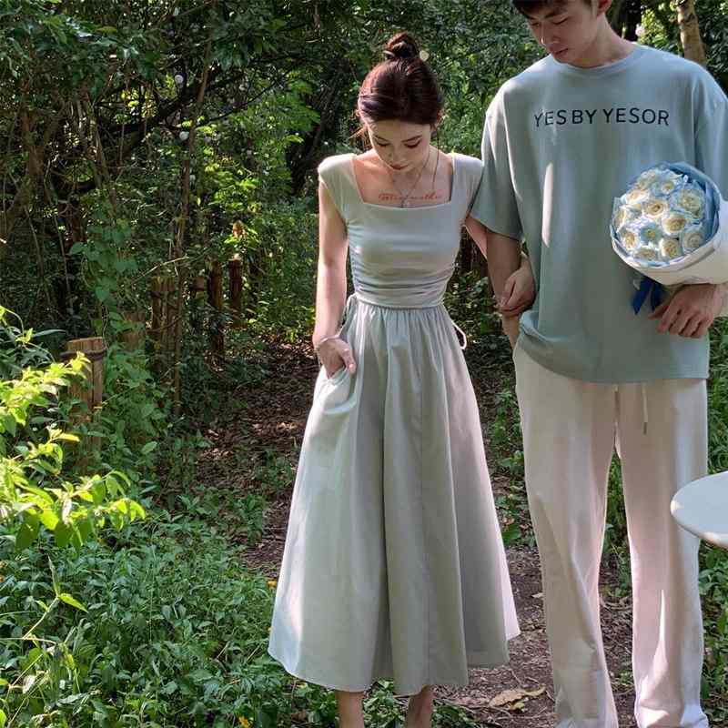 ワンピース レディース 夏 フレンチスタイル ブルー系 小柄対応 ウエストマーク スリムフィット リゾート ドローストリング キャミソール ロング 軽量 伸縮性 吸湿速乾 ビーチウェア 普段使い 6,669円