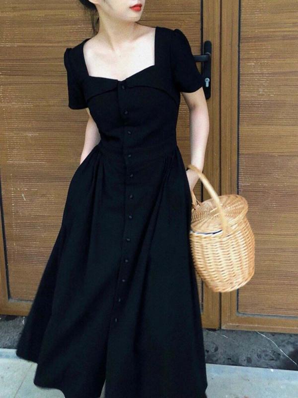 衣裳 レディース 夏 フレンチ ロング か細い相応う 表現スタイル繰り上げる 黒いこと 真四角のど首 雅びやか 心地よい