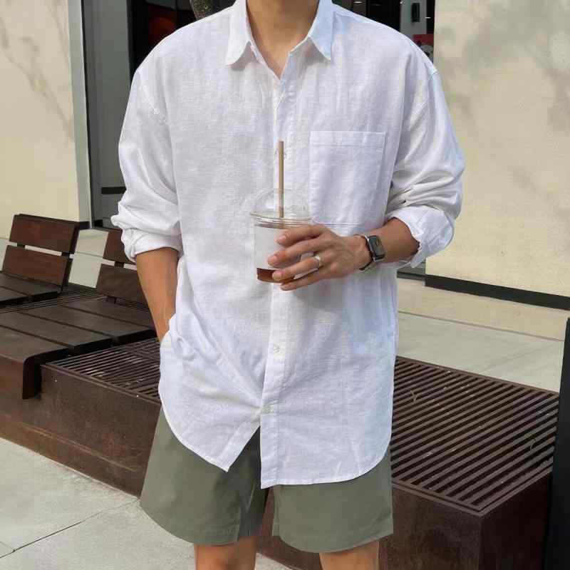 プルオーバー 成人男性用 長袖 白 綿織物リネン 春夏 薄っぺら ゆったり UVとり捨てる アウター 御前上等感 砂浜 普段使い走り 心地よい 軽さ 吸湿性