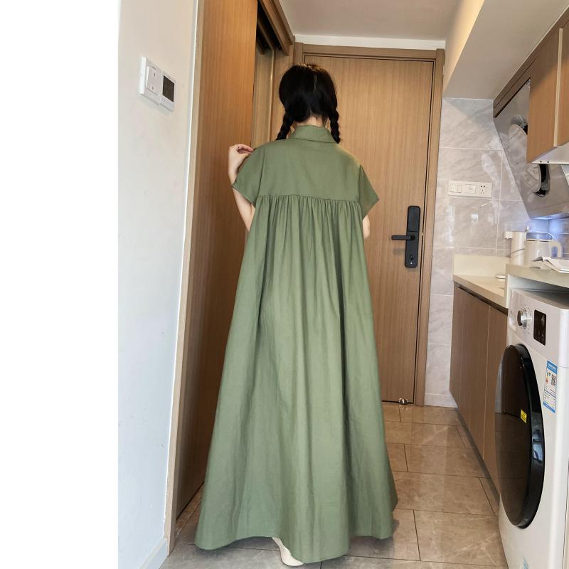 妊婦用 夏 ロング丈 プルオーバー衣裳 アーミーグリーン 薄っぺら 高身の丈相応う 足関節丈 軽さ 伸縮性 綿混 ゆったり影ぼうし マタニティ トップス 衣裳御召しもの 通い 普段使い
