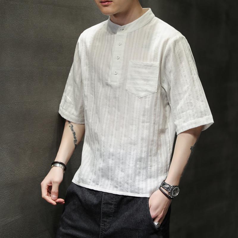 メンズ プルオーバー ヘンリーのど首 縞模様 白 夏用 ゆったり 七分袖 トップス レトロ 心地よい 綿織物 吸湿速乾 通い 普段使い