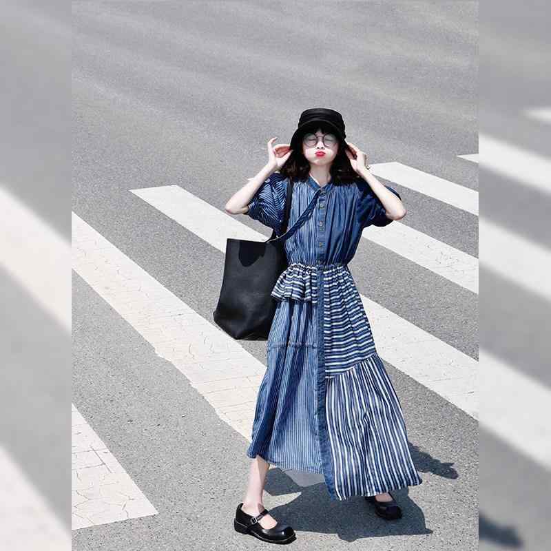 レディース ワンピース デニム 切り替え ストライプ 収腰 お腹カバー 高級感 絶美 ユニーク 普段使い トップス ドレス カジュアル スタイル｜リバーパディ