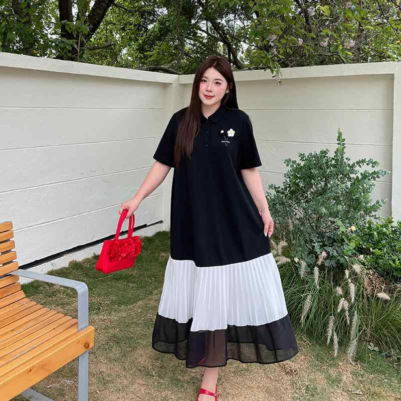 ワンピース レディース 大きめサイズ 切り替え POLO スカート 風 上品 ゆったり ロング丈 スリム見え 夏用 軽量 伸縮性 通勤 普段使い