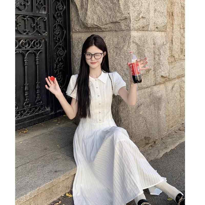 レディース ワンピース ロング丈 ホワイト 学院風 優しい雰囲気 足首丈 高身長対応 シャツ フェミニン 軽やか シルエット 普段使い 通勤用