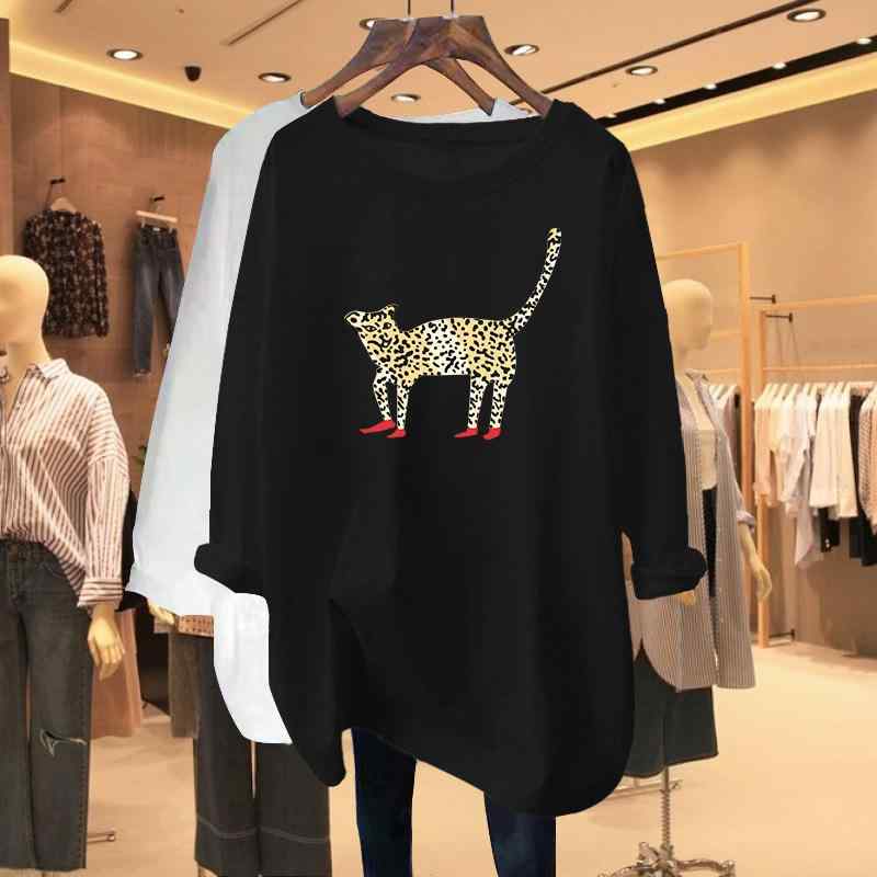 レディース 長袖 Tシャツ ブラック プリント ゆったり シルエット カジュアル スタイル ビッグサイズ リラックス風 春秋 トップス コットン 混 吸湿速乾 普段使い