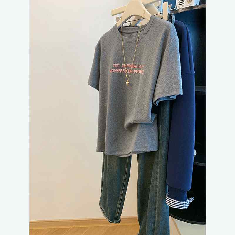 Tシャツ レディース ダークグレー 刺繍 アルファベット 短袖 夏 ゆったり トップス カジュアル インナー 吸湿速乾 軽量 普段使い ビッグシルエット グレー系