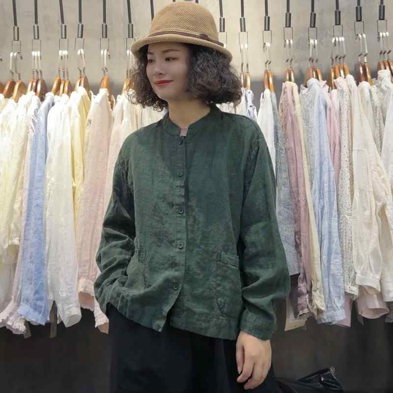 春夏 麻 シャツ 立襟 長袖 ポケット 付き トップス 小ジャケット カジュアル スタイル 軽量 通気性 吸湿 速乾 日常使い ボヘミアン 風