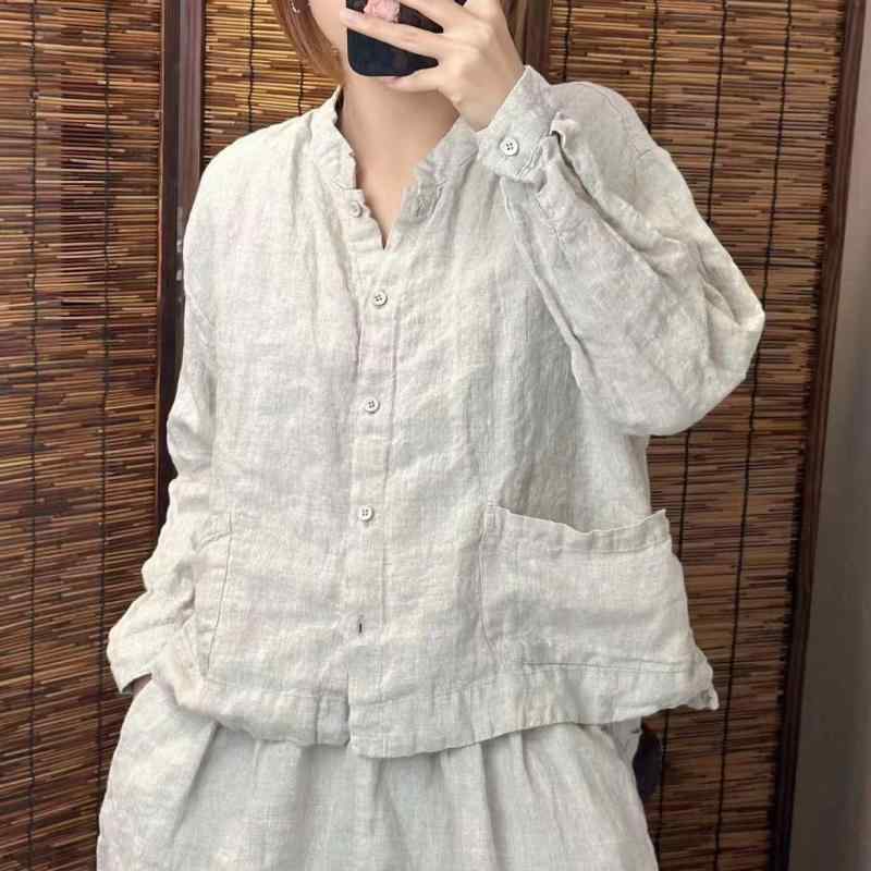 レディース 長袖 リネン シャツ 無地 小立襟 カジュアル 春夏 トップス 通気性 吸湿速乾 軽量 普段使い 再生繊維 ナチュラル スタイル