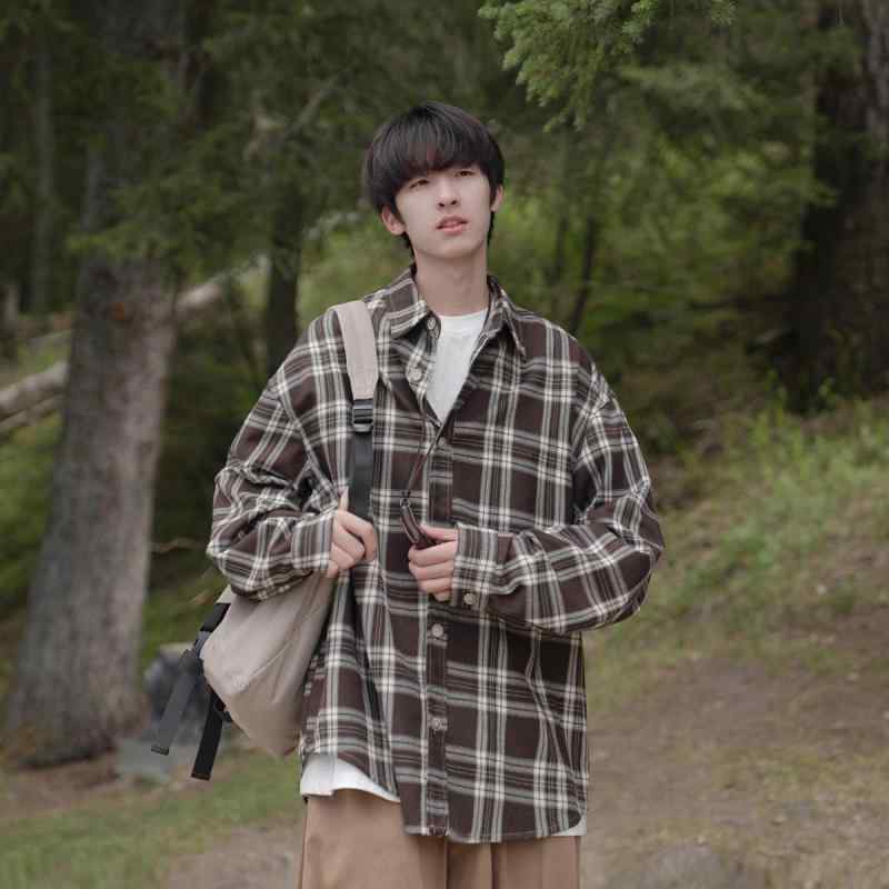 シャツ メンズ ベーシック 長袖 チェック柄 ゆったり フィット ビッグシルエット 春秋 カップル マッチング 学生 通学用 学校用 普段使い デート用 カジュアル コットン 軽量