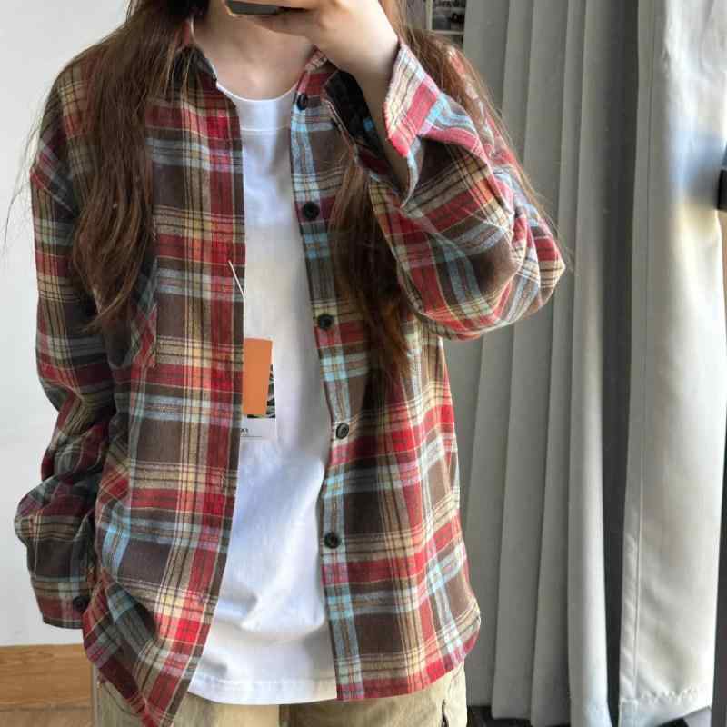 カジュアル シャツ メンズ レディース レトロ 赤 チェック柄 ゆったり ビッグシルエット レイヤード 春秋 汎用 スリム効果 小柄対応 トップス アウター 普段使い コーディネート