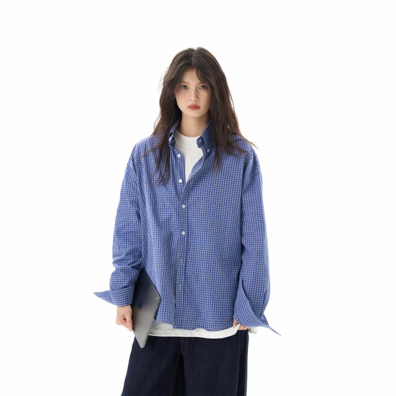 シャツ ユニセックス 長袖 レトロ チェック柄 ブルー 高級感 カジュアル ゆったり アウター ペア コーデ コットン 混 紡績 素材 軽量 快適 着用