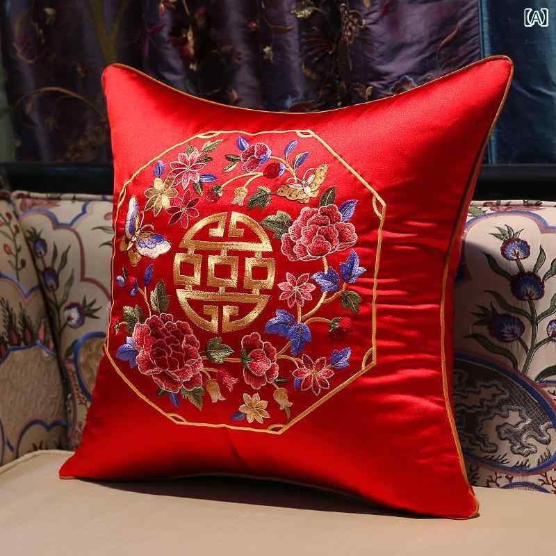抱き枕 ソファ用クッション 中国風刺繍 大型赤色 結婚祝い 喜字柄 木目調 室内インテリア 座り心地良い 綿素材 柔らかい 赤系カラー 通年使用 家庭用 飾り付け