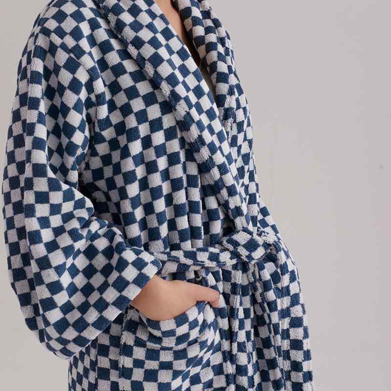 メンズ レディース 浴袍 復古 チェック柄 長繊維コットン ロングローブ 縦ストライプ タオル地 家居服 快適 コットン素材 吸湿性 軽量 リラックスウェア 部屋着 ゆったりシルエット 通年使用
