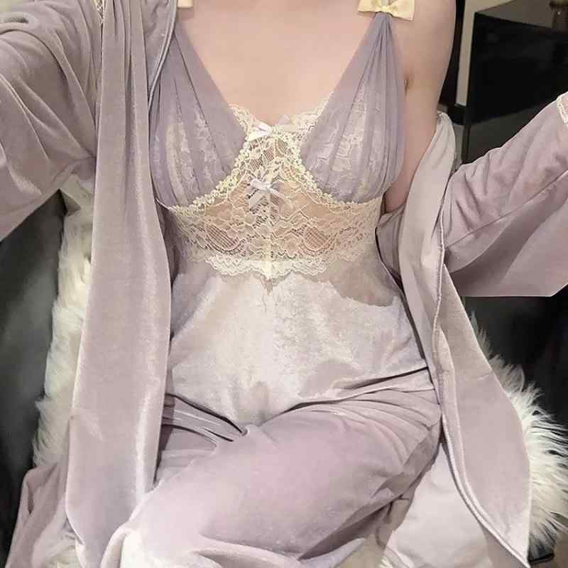 パジャマ 女性用 3点セット レース セクシー 吊り帯 長袖 ローブ ホームウェア 綿素材 柔らかい 軽量 部屋着 かわいい ピンク系