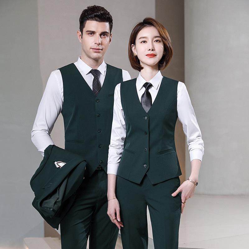 レディース メンズ スーツ セット ジャケット ベスト 職業装 事務服 通勤用 高級感 ウール混 ブラック グリーン系 秋冬 ビジネス フォーマル 軽量 ストレッチ スリムフィット セットアップ コーディネート