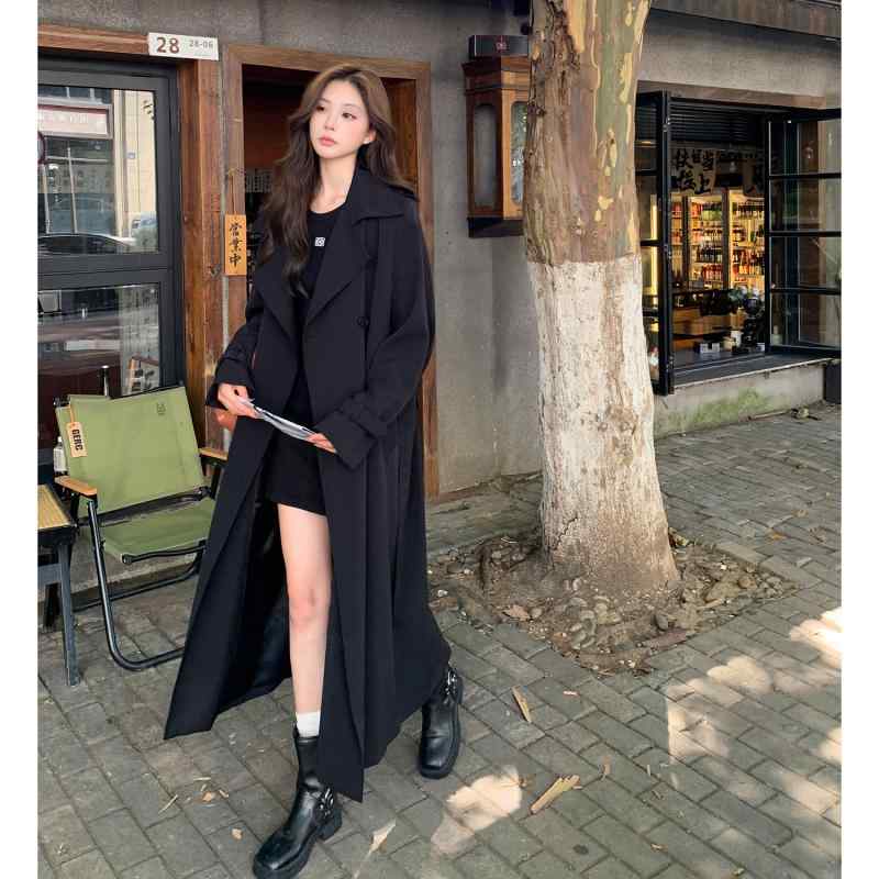レディース トレンチコート 黒いこと 真っただ中ロング丈 ゆったり影ぼうし 高身たけ相応う ロング 胴締め付き添い人 酉の方角目じるし 秋冬 アウター 通い用 街着
