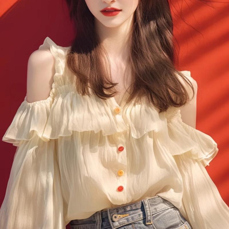 レディース 夏 オフショルダー フリル フレンチ シフォン ブラウス ドールシャツ トップス 高級感 軽量 伸縮性 吸湿速乾 女性用 肩出し 袖なし 涼しい 日常使い 通勤 かわいい