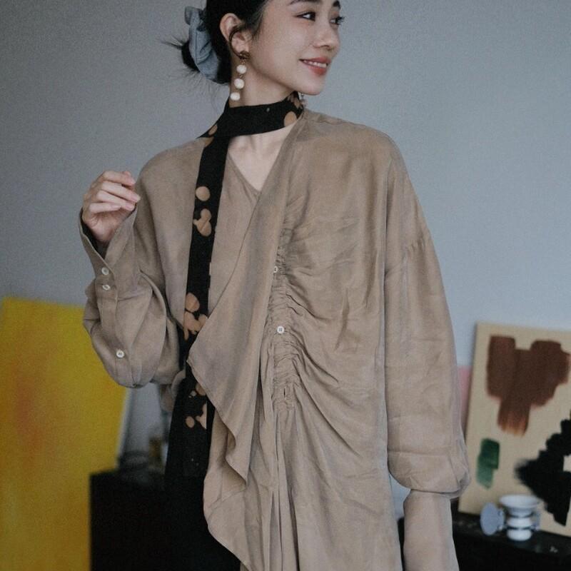 トップ レディース 赤銅色系 筋目 フラウンス シュロの葉 ロング丈 非対称 春物 花の冠yd 愛くるしげ トップス 普段使い走り 口さかしい 個人的特徴的 影ぼうし