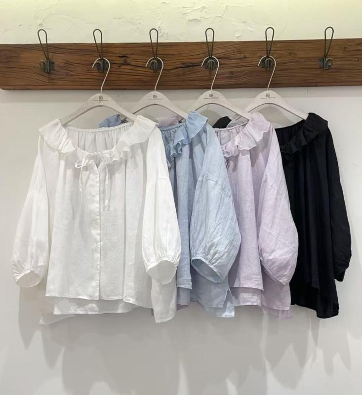 シャツ 麻素材 ゆったり フリル襟 リボン 花葉 レディース トップス 普段使い 軽量 吸湿速乾 春夏 デイリー コーディネート シンプル スタイリッシュ