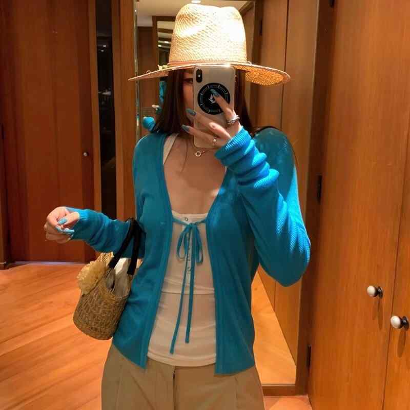 カーディガン レディース 夏 Vネック 接触冷感 ニット ブルー系 薄手 ショール 日焼け防止 UVカット 軽量 アウター トップス 吸湿速乾 室内外使い