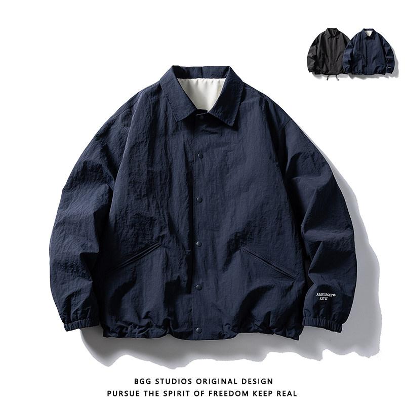 メンズ コーチジャケット レトロ アルファベット刺繍 スタンドカラー フィット カジュアル アウター ストリートファッション ゆったりシルエット 日常使い 軽量 コットン混 ブラック系 グレー系|リバーパディ