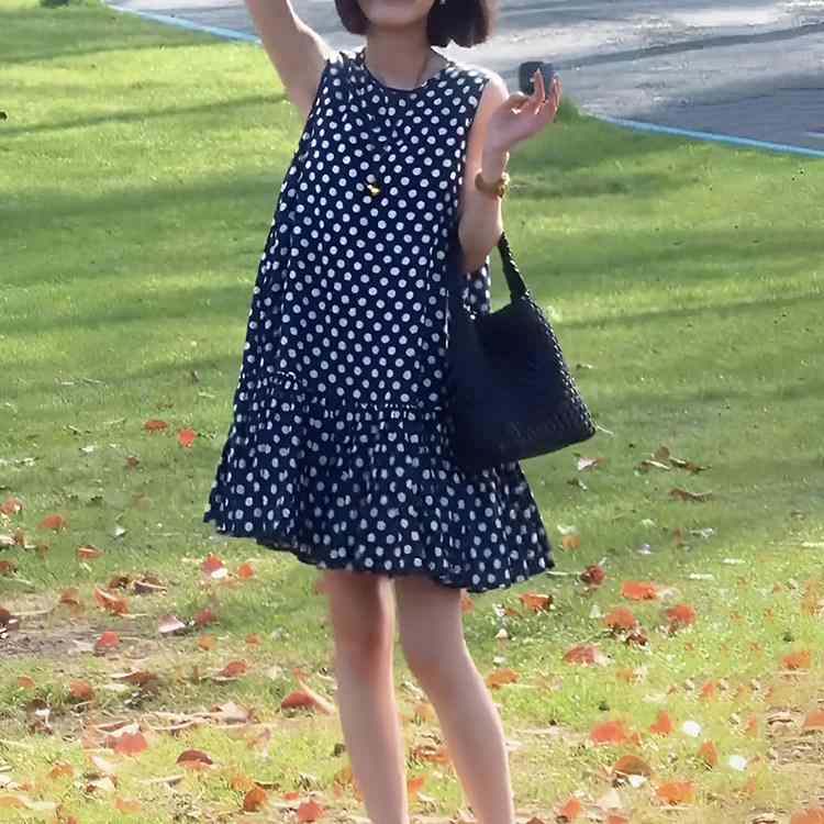 ワンピース レディース ノースリーブ キャミソール Aライン ブルー 水玉 麻 リネン素材 夏 サマー ゆったり フィット ビーチ リゾート ドレス 海辺 度假 女性用 軽量 通気性 爽やか
