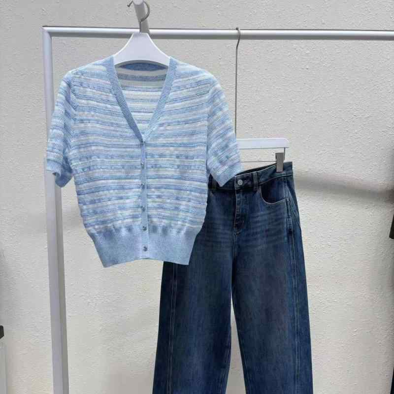 夏用 お上さん用 Vのど首 当たること冷感 縞模様 短袖 編み物 トップス 心地よい 普段使い走り 軽さ 吸湿速乾 綿混 ビッグ影ぼうし