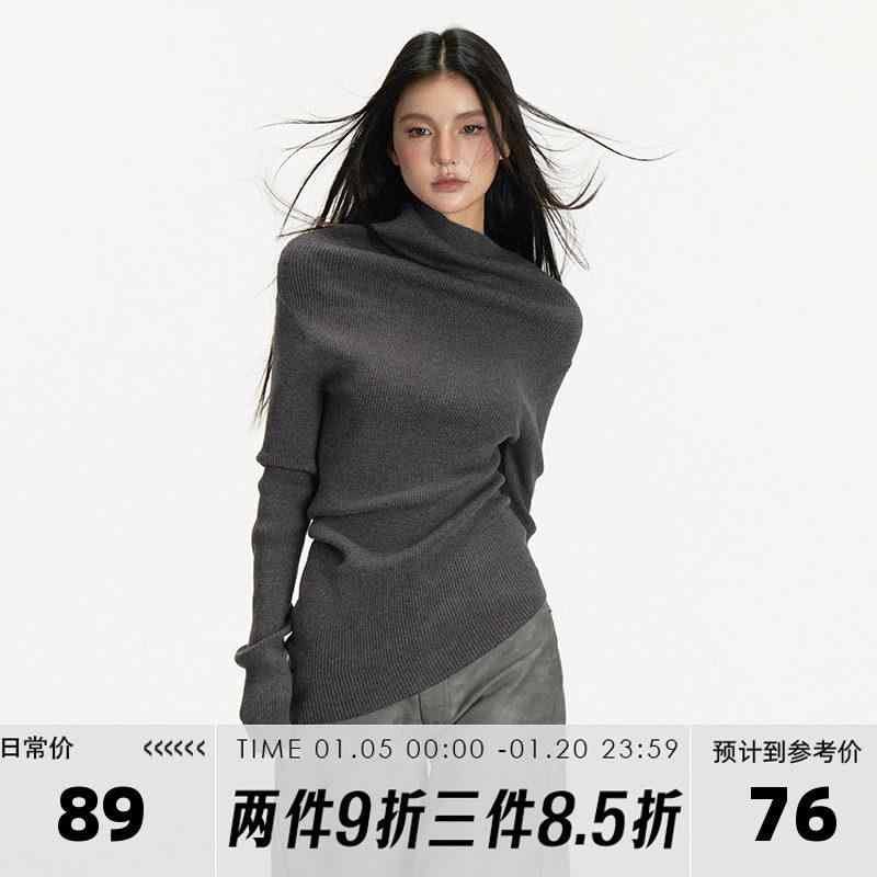 女性用 ニットセーター ダークグレー 長袖 秋冬 スリムフィット オフショルダー ハイネック ベースレイヤー 暖かみ 伸縮性 レイヤード トップス スタイリッシュ