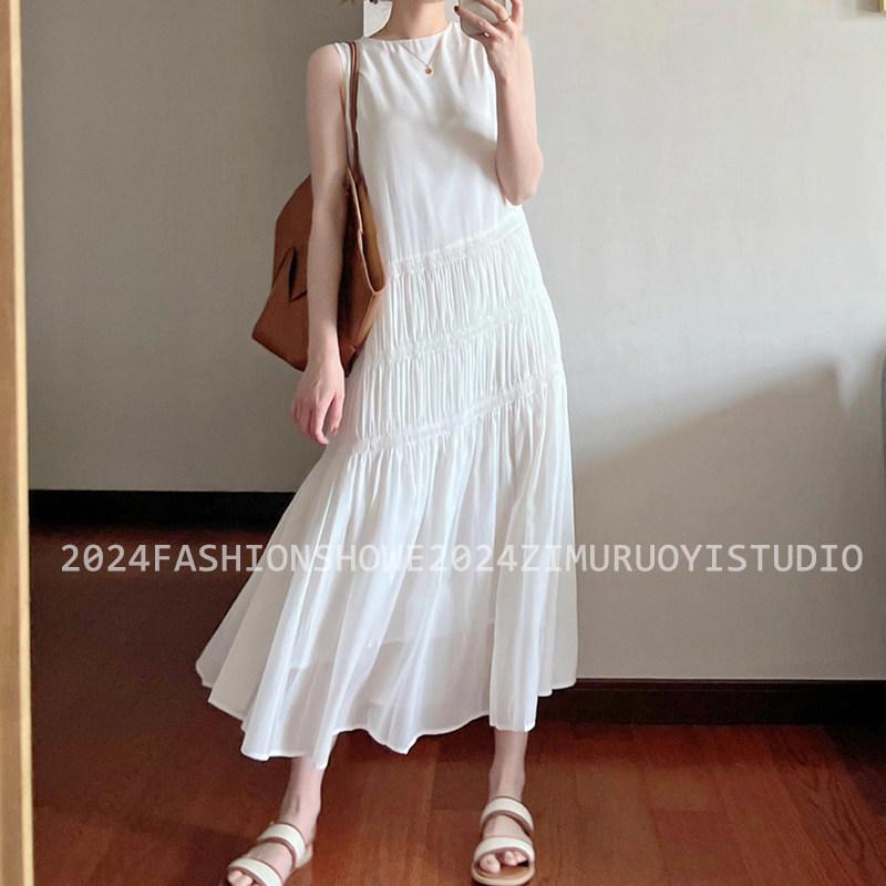 衣装 レディース 白 ノースリーブ ロング 御前上等感 夏 たまり場風 筋目 ギャザー 雅びやか 女子らしい 口さかしい 砂浜 御休み 表現スタイル 立体産業