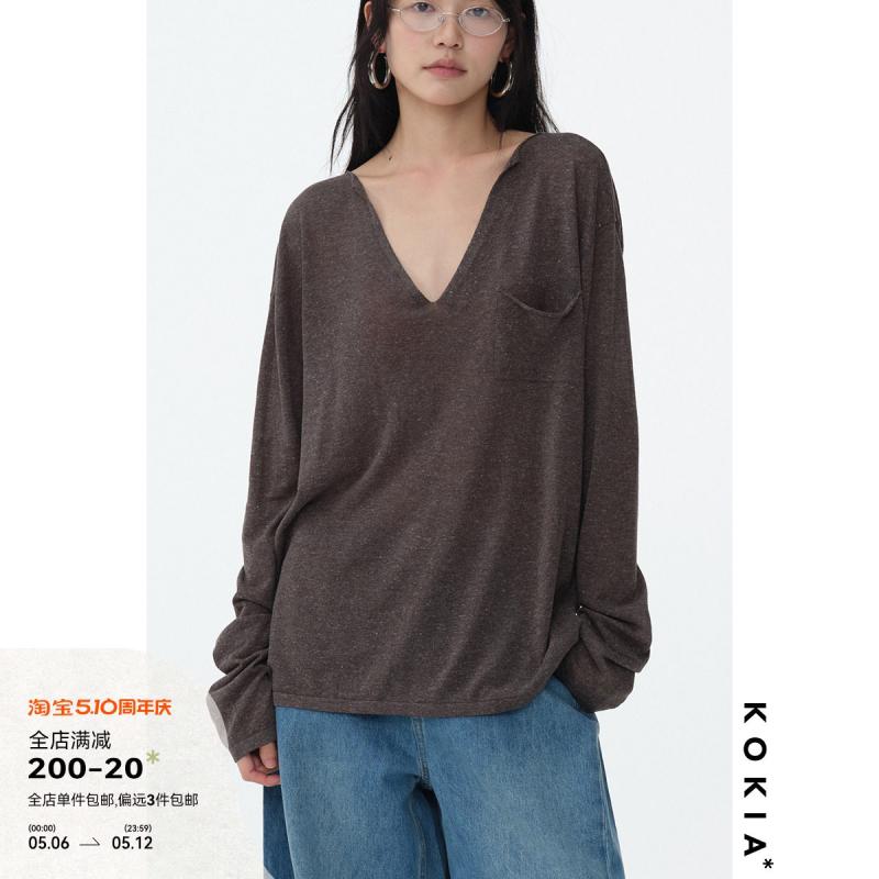 レディース ニット トップス ライセル 麻 混紡 ゆったり ラフ 落とし肩 オーバーシルエット ロールヘム ポケット 長袖 カジュアル 快適 伸縮性