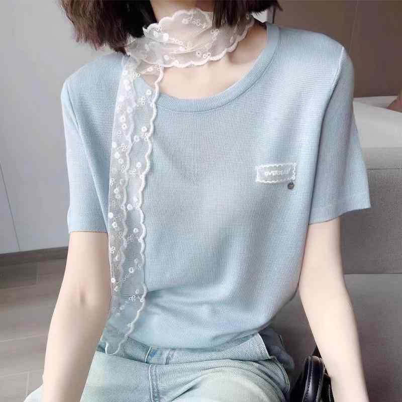 ニットトップス レディース 夏 丸首 半袖 青系 韓国 ビビッドカラー シック 個性的 普段使い 軽量 伸縮性