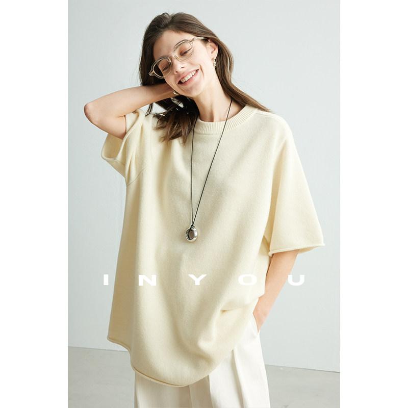 ニットTシャツ レディース 春夏 ゆったりシルエット 細ウール シンプル 短袖 トップス カジュアル 軽量 吸湿速乾 再生繊維 メンズ風
