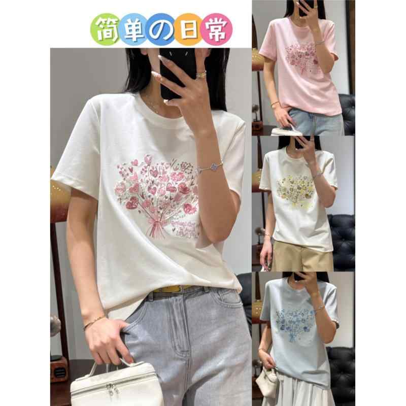 Tシャツ レディース 短袖 コットン スパンデックス 混紡 刺繍 スパンコール  春夏 高級感 伸縮性 トップス 普段使い