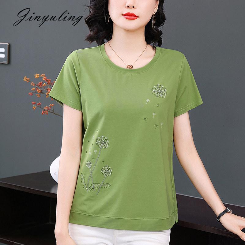 Tシャツ レディース 短袖 アボカドグリーン タンポポ柄 刺繍 夏用 トップス ママ向け カジュアル 普段使い 軽量 コットン素材